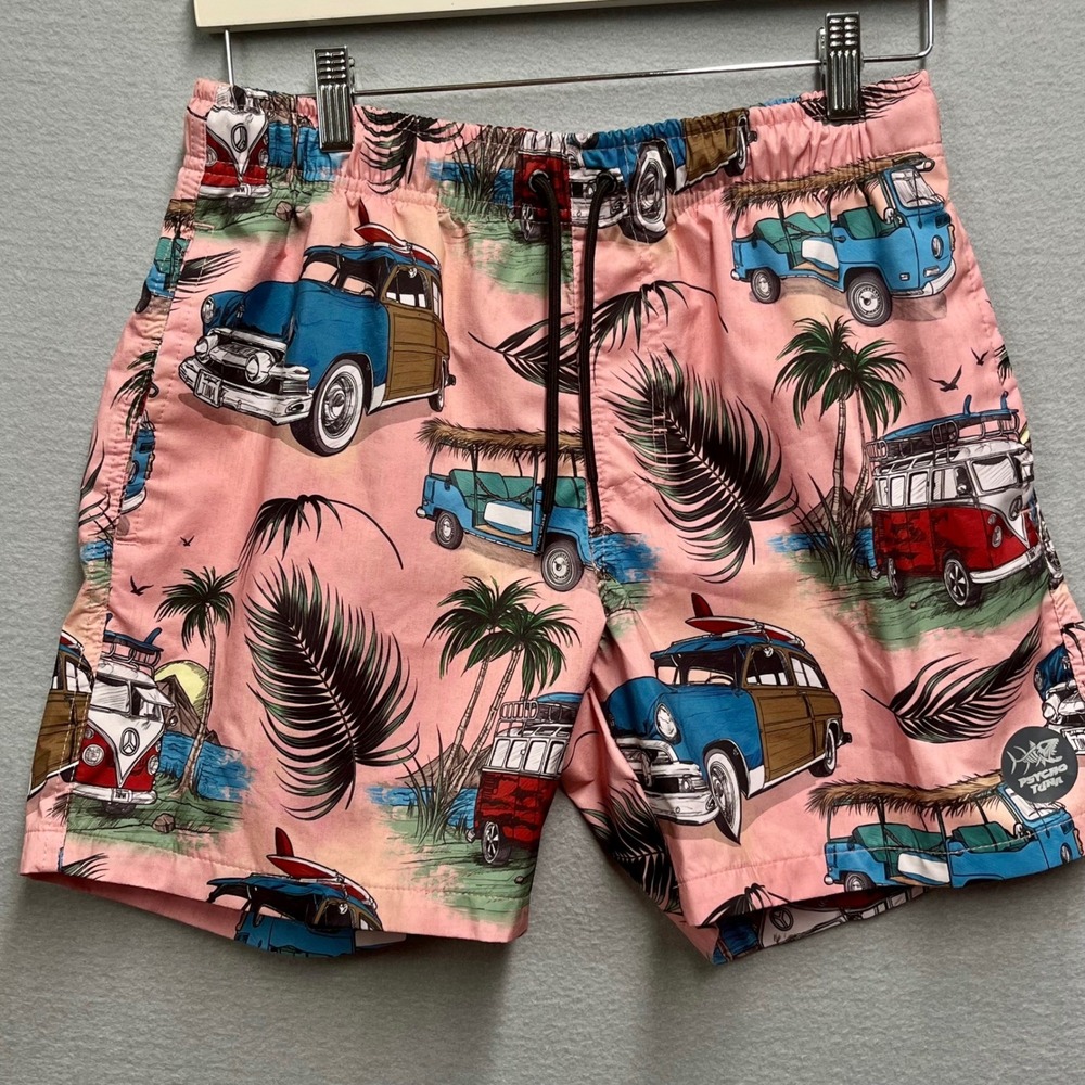 Psycho Tuna Mens Medium Pink Tropical Surf Van Woody Wagon Swim Trunks Shorts
